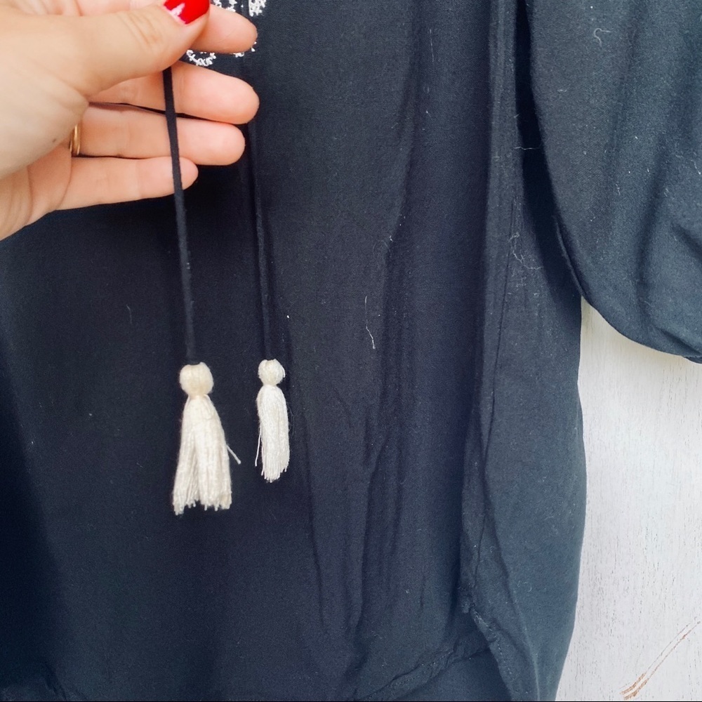 Lovestitch Black & White Embroidered Tunic with Tassels - Lace-Up V-Neck - Picture 4 of 8